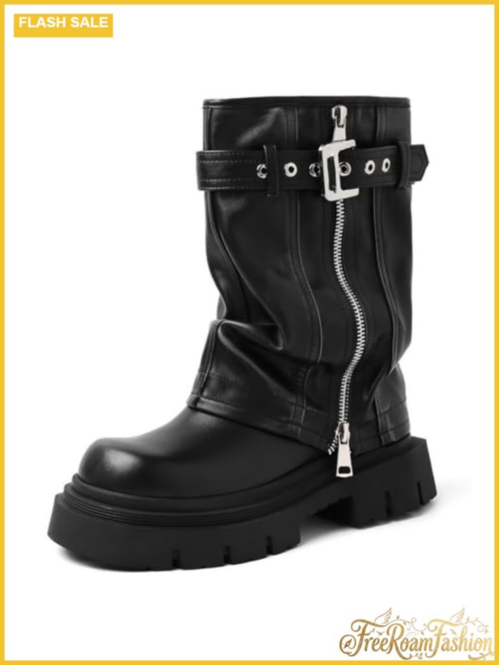 Women's Platform Fold Over Mid Calf Boots Square Toe Chunky Heel Zipper Buckle